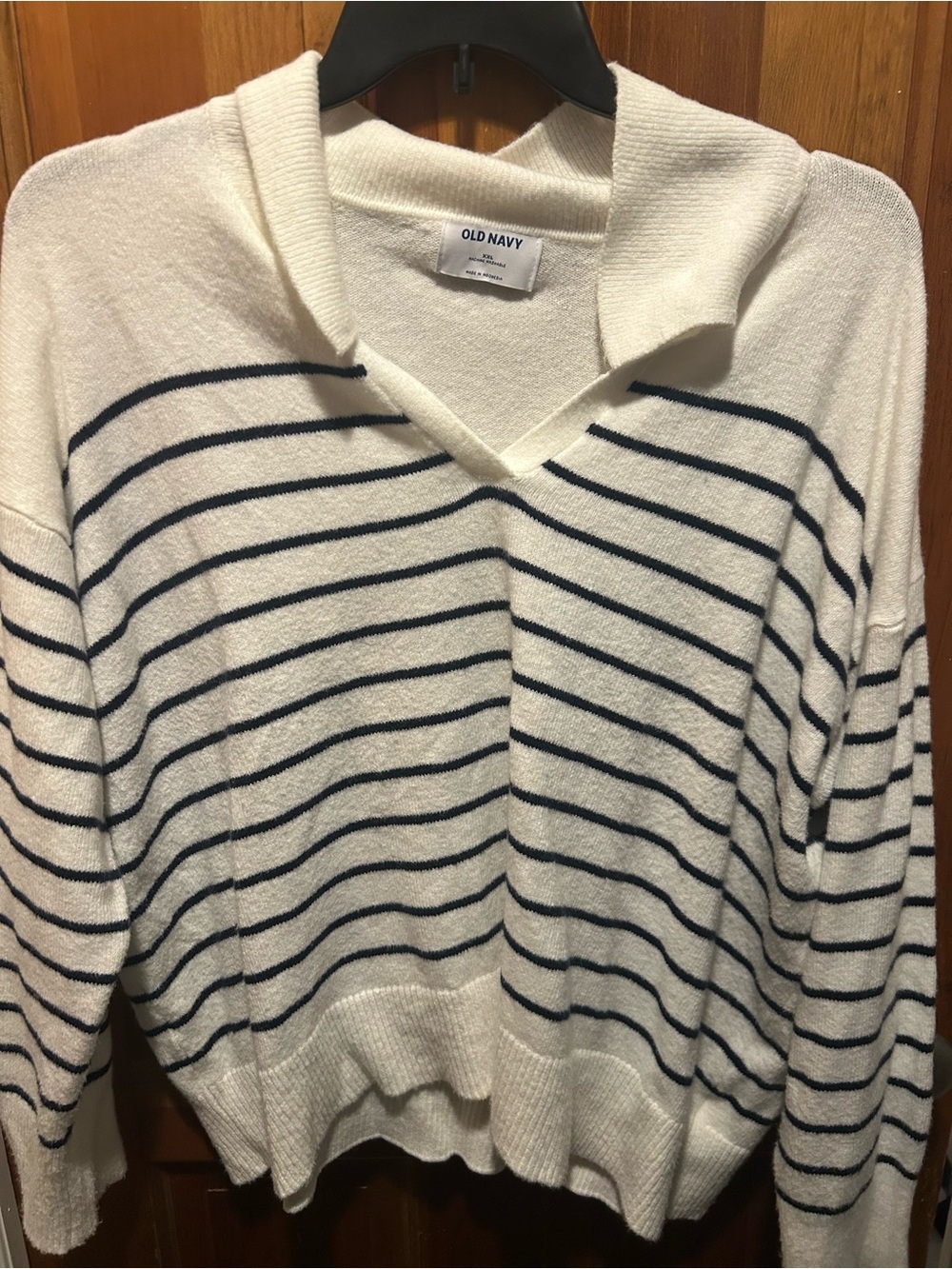 Old Navy Cream and Navy Striped V-Neck Sweater